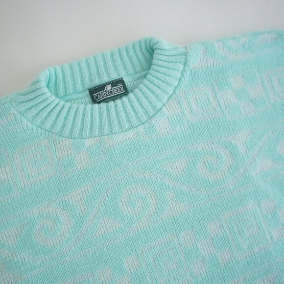 Vintage Cabin Creek Teal with White Aztec Print Knit Crewneck Sweater L - Picture 9 of 9